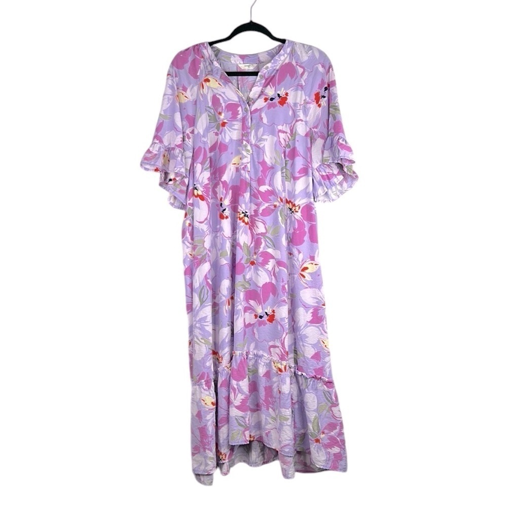 Terra & Sky Lavender Floral Tropical Ruffle Sleeve Flowy Maxi Dress Size 14